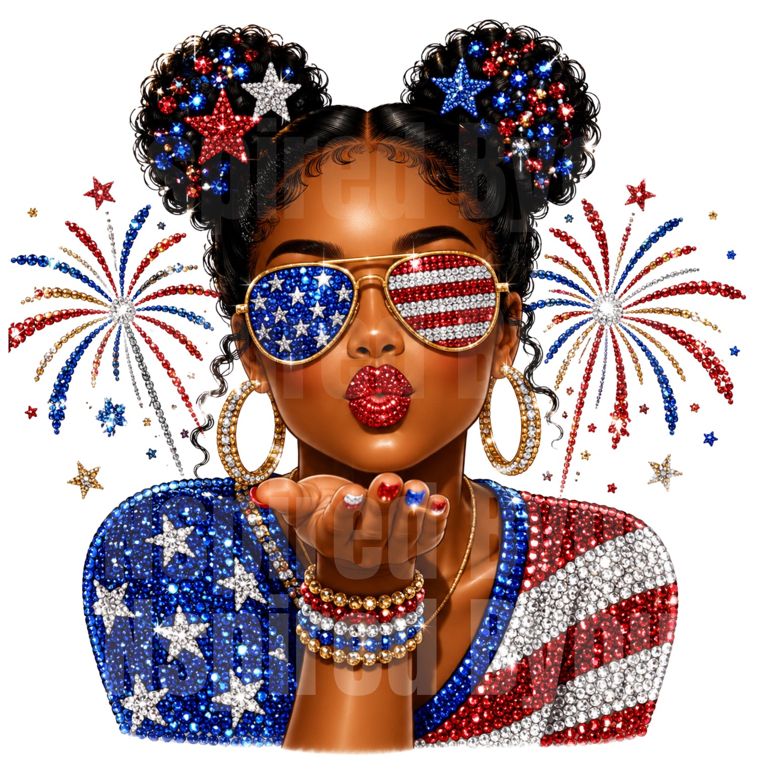 4th of July Black Woman Faux Bling PNG, Faux Bling Patriotic Clipart, Black Girl Fourth of July Design - Inspired BYou Home Decor