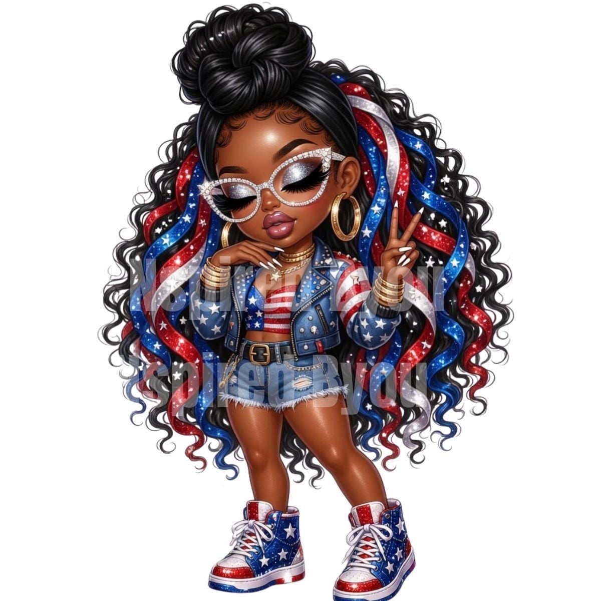 Fourth of July black girl chibi digital download