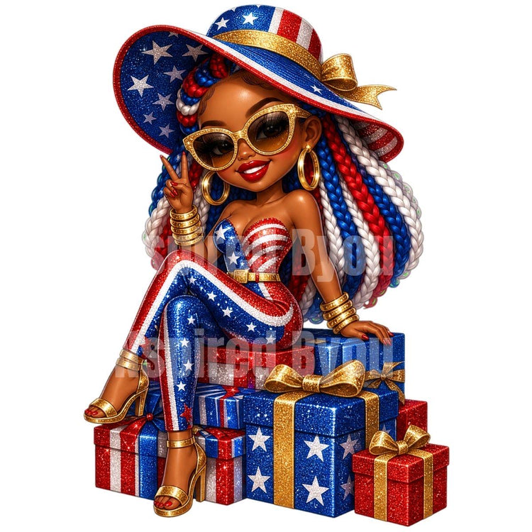 Fourth of July black girl chibi digital download